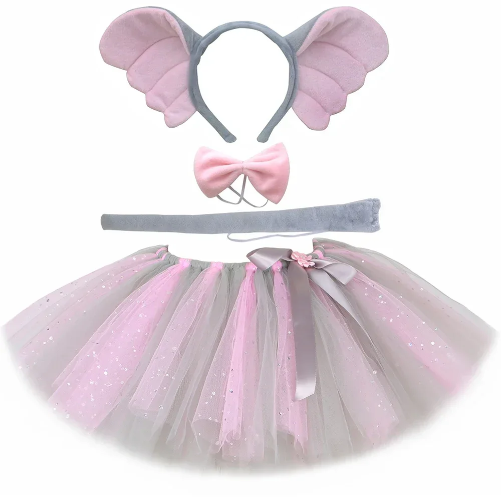 Falda tutú de elefante para niñas, faldas de tul esponjosas de color rosa y gris, tutús para niñas pequeñas, traje de fiesta de animales, disfraz de Halloween para niños