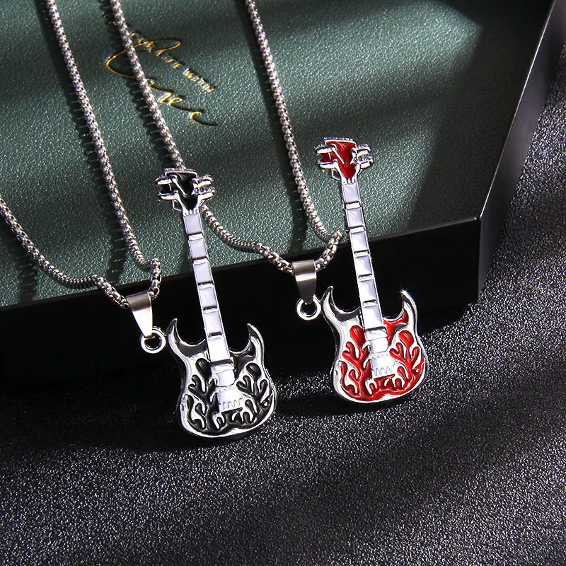 New Trend Rock Hip Hop Guitar Pendant Fashion Personality College Style Drops Oil Colorful Instrument Necklace Men's Pendant