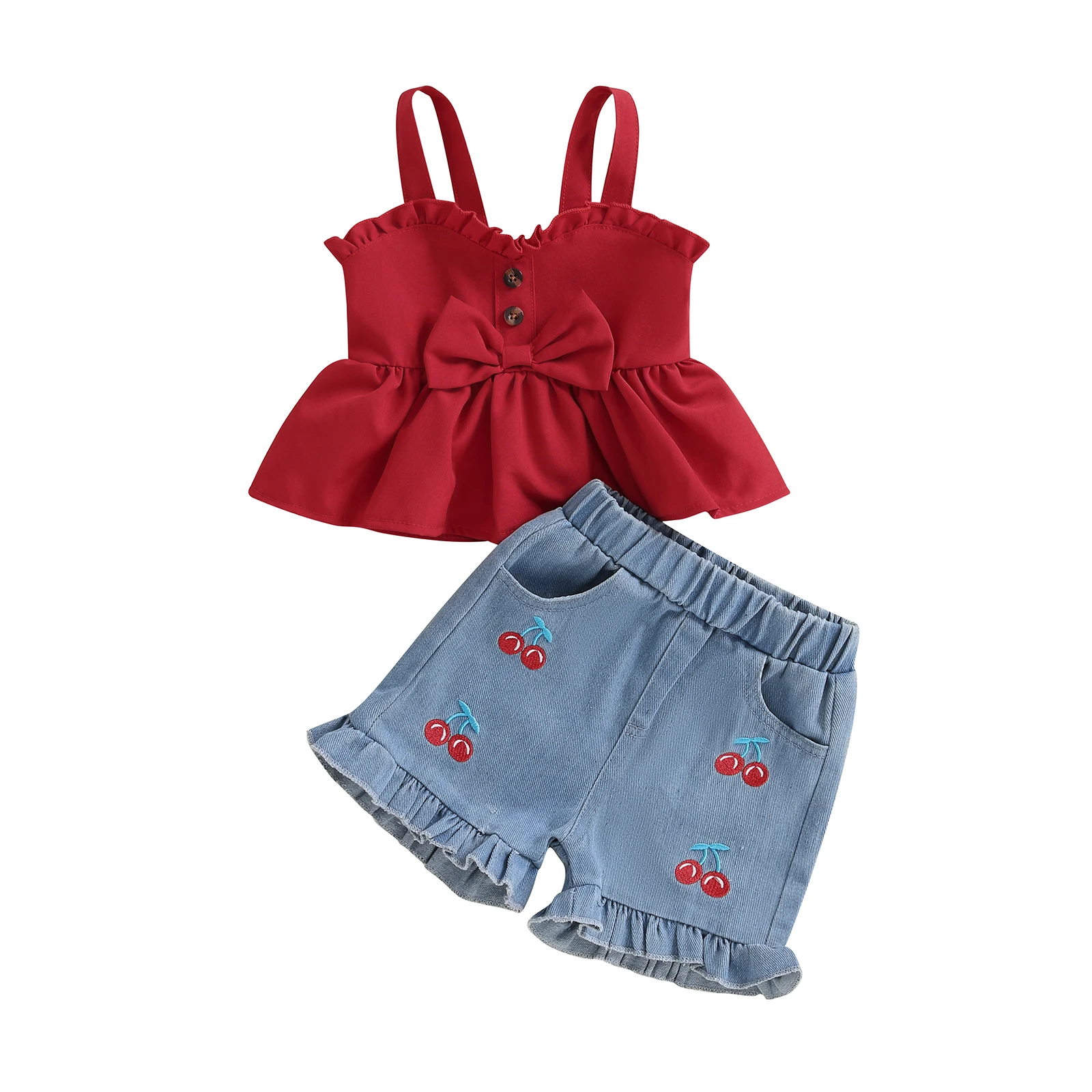 

Baby Girls Summer Outfits Bow Sleeveless Camisole and Elastic Cherry Embroidery Denim Shorts Set