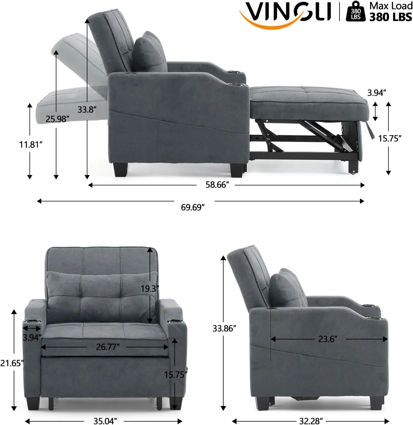 Sofa Bed Chair Recliner, 3-in-1 Convertible Sleeper Sofa Chair Bed Dark Gray Daybed Pull Out Couch Bed with Adjustable Backrest