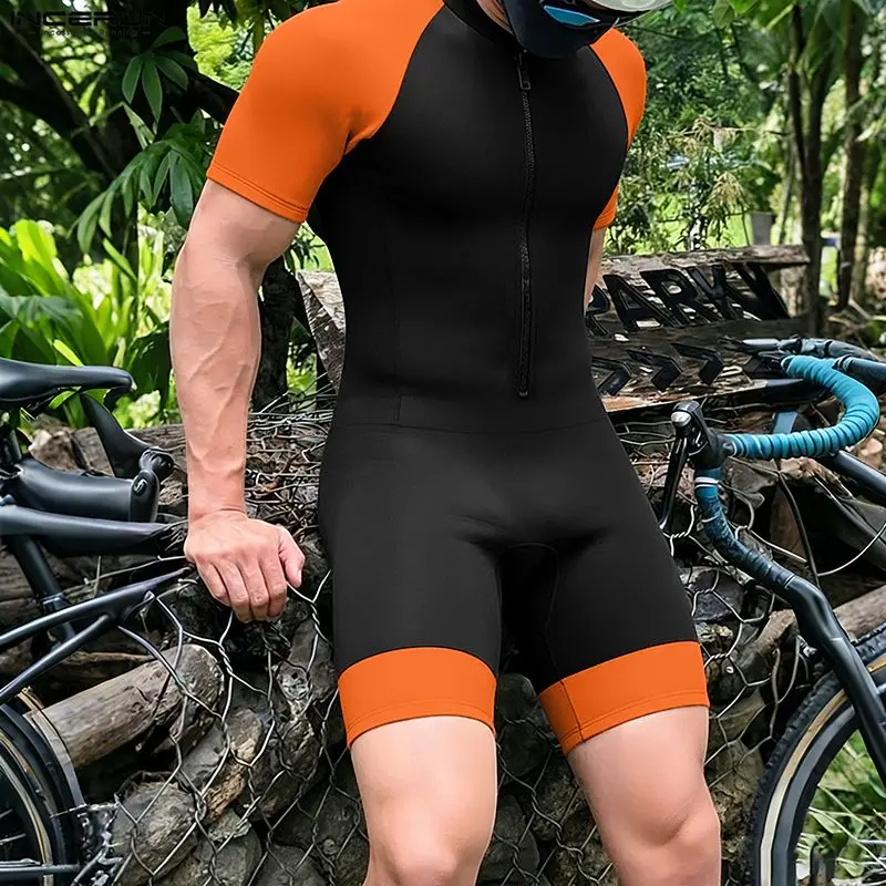 

INCERUN Men's Bodysuits Patchwork Color-block Zipper Short Sleeve Rompers For Man Playsuits Workout Fashion Casual Male Bodysuit