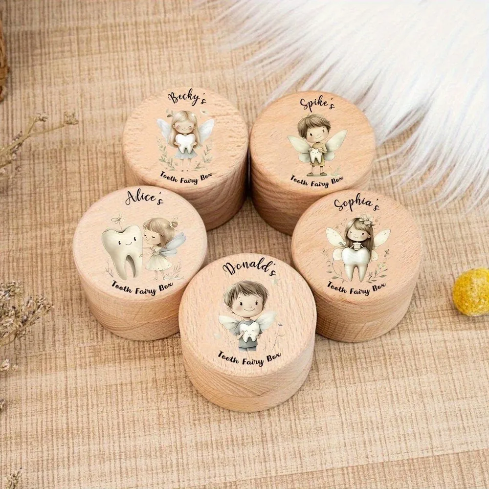 

Personalized Tooth Fairy Box Custom Name Cute Milk Teeth Box Souvenir Teeth Umbilical Cord Curly Hair Wooden Keepsake Box Gifts