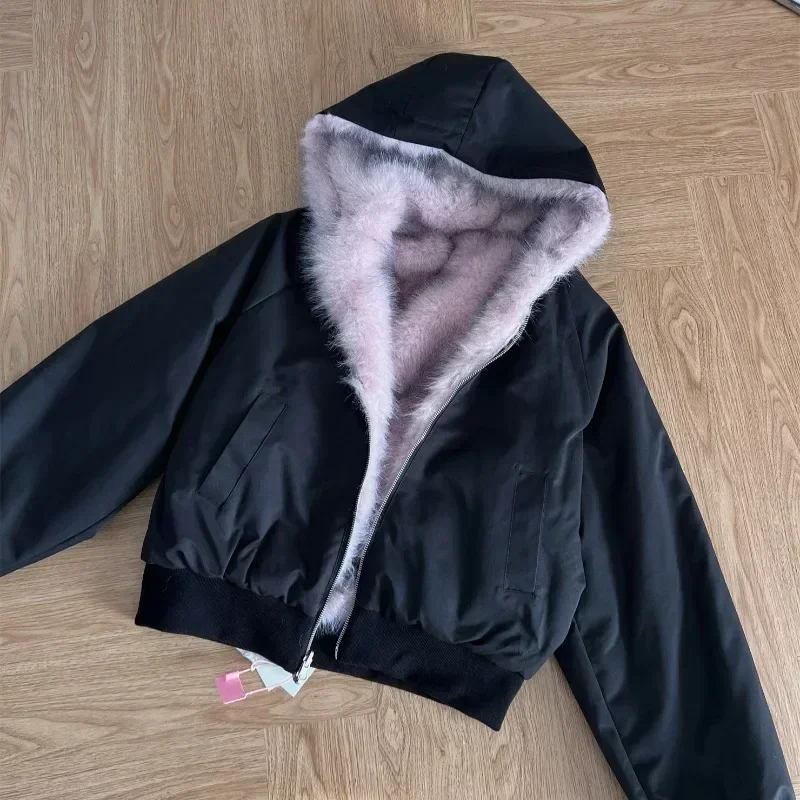 MiiiiX Sweet Pink Reversible Faux Fur Jacket Plush Hooded Sweatshirt Loose Thicken Hoodies Outerwear Top Women's Winter Fur Coat