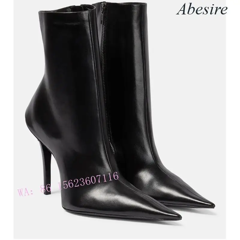 

New Abesire Stiletto Pointed Toe Side Zipper Short Nude Boots Fashionable Large Size Rider Boots Women's Single Boots