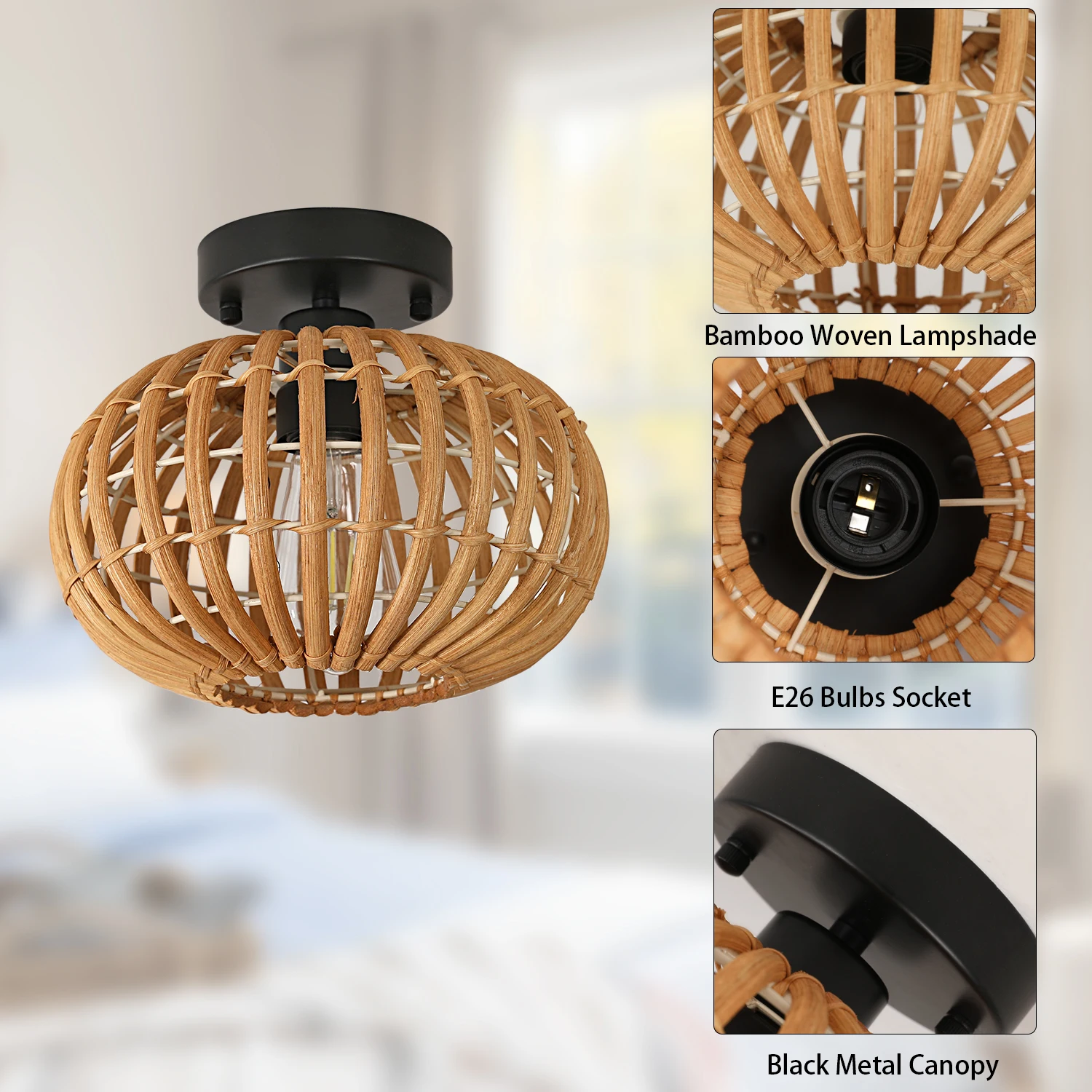 Bamboo Ceiling Light Fixture, 9.8Inch Boho Semi Flush Mount Ceiling Light, Hand-Woven Bamboo Lampshade, Farmhouse Wicker Light F