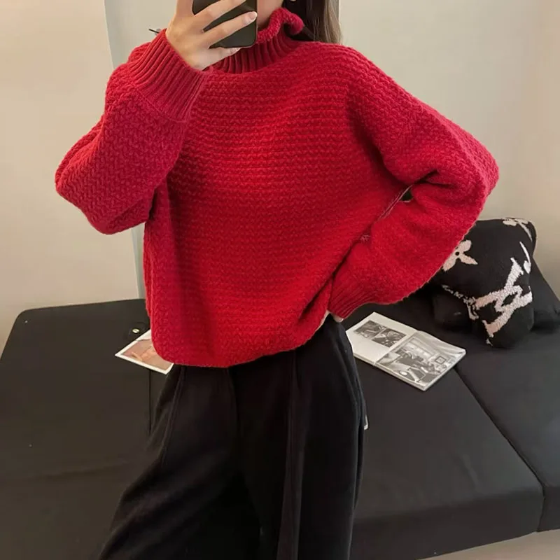 

Women's Knit Top, High-Neck Base Layer, Casual Versatile Oversized Pullover Wool Sweater, Premium Quality, 2025, Winter, New y2k