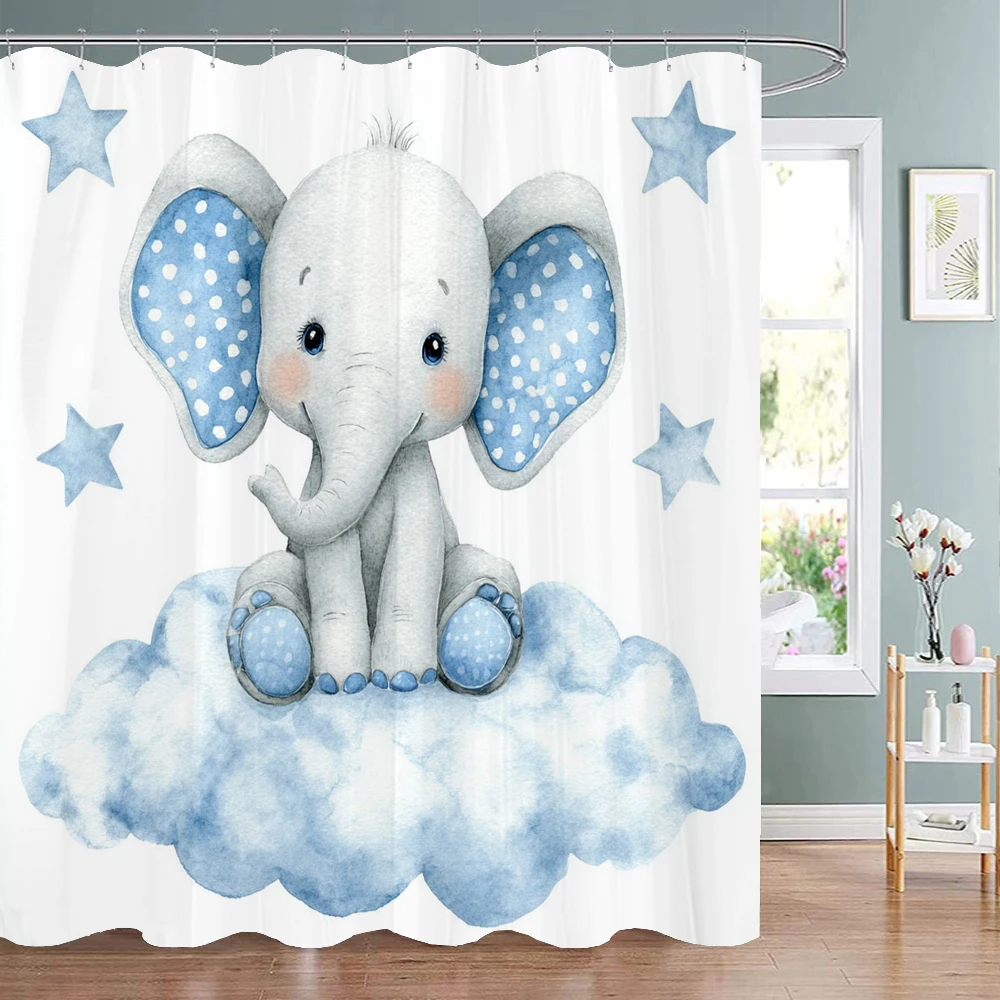 

Милая занавеска для душа с мультяшным принтом в виде слонов, кошек и цветов, декоративная занавеска для ванной комнаты, водонепроницаемая занавеска для душа с крючками