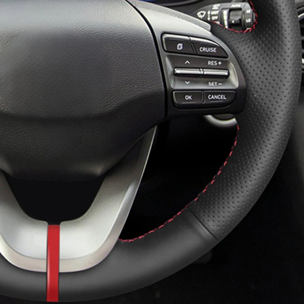 DIY Hand-stitched Black Artificial Leather Car Steering Wheel Cover For Hyundai Veloster 2019 i30 2017-2019 Elantra 2019