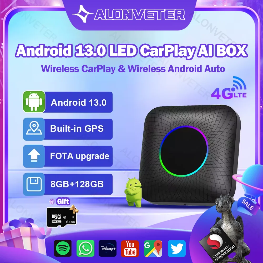 Carlinkit Wireless CarPlay Android 13 Ai Box Wireless Android Auto QCM6225 8-ядерный разделенный экран 128G Smart TV Box для Youtube GPS