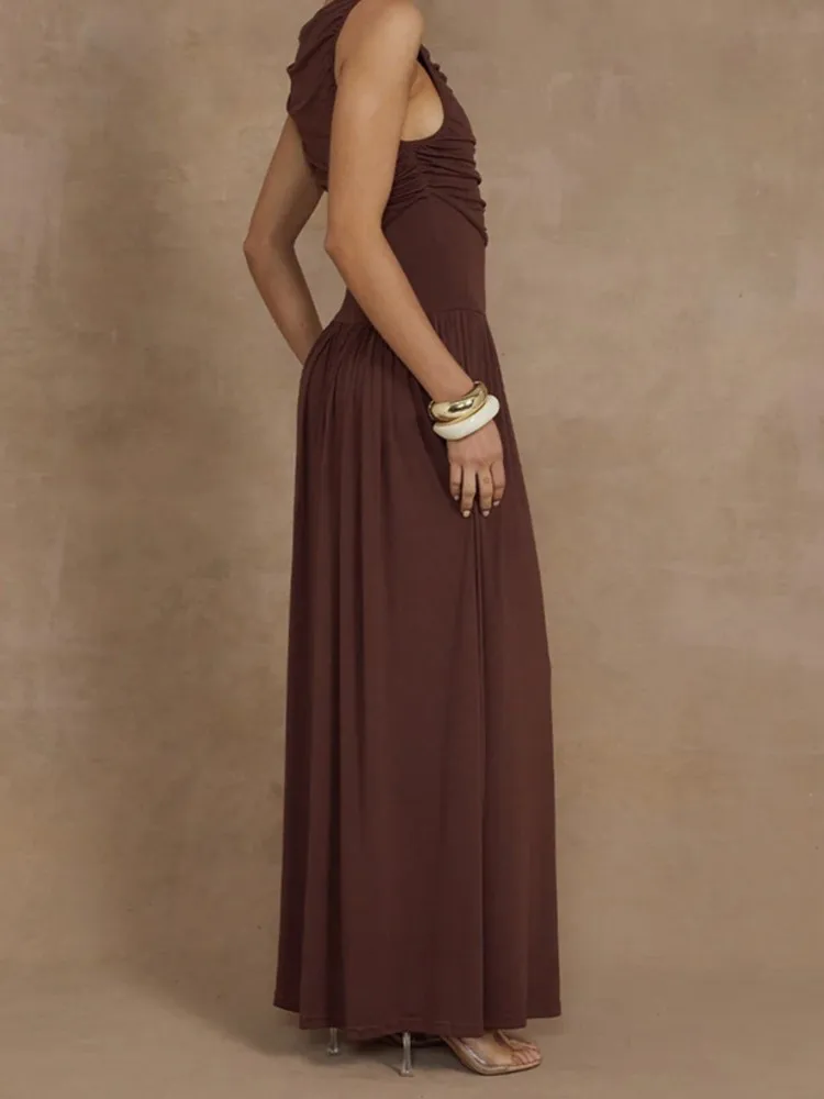 Fashion Solid Color Slim Party Evening Dresses Women Temperament Folds Bodycon Sleeveless Long Dress Elegant Lady Club Vestidos