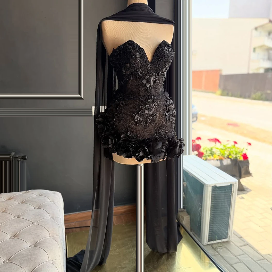 

Short evening dress black mini skirt with appliqué strapless top with scarf cocktail party dress formal occasion dresses