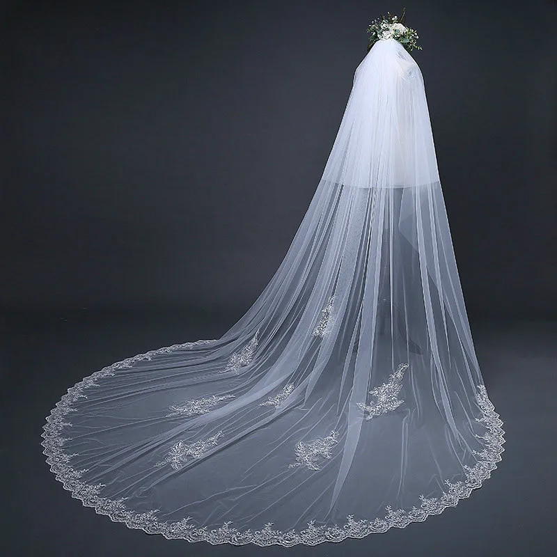 Echt Fotos Zwei Schicht 3 Meter Lange Spitze Hochzeit Schleier mit Kamm Voile De Mariee Braut Schleier Veu De Noiva hochzeit Zubehör