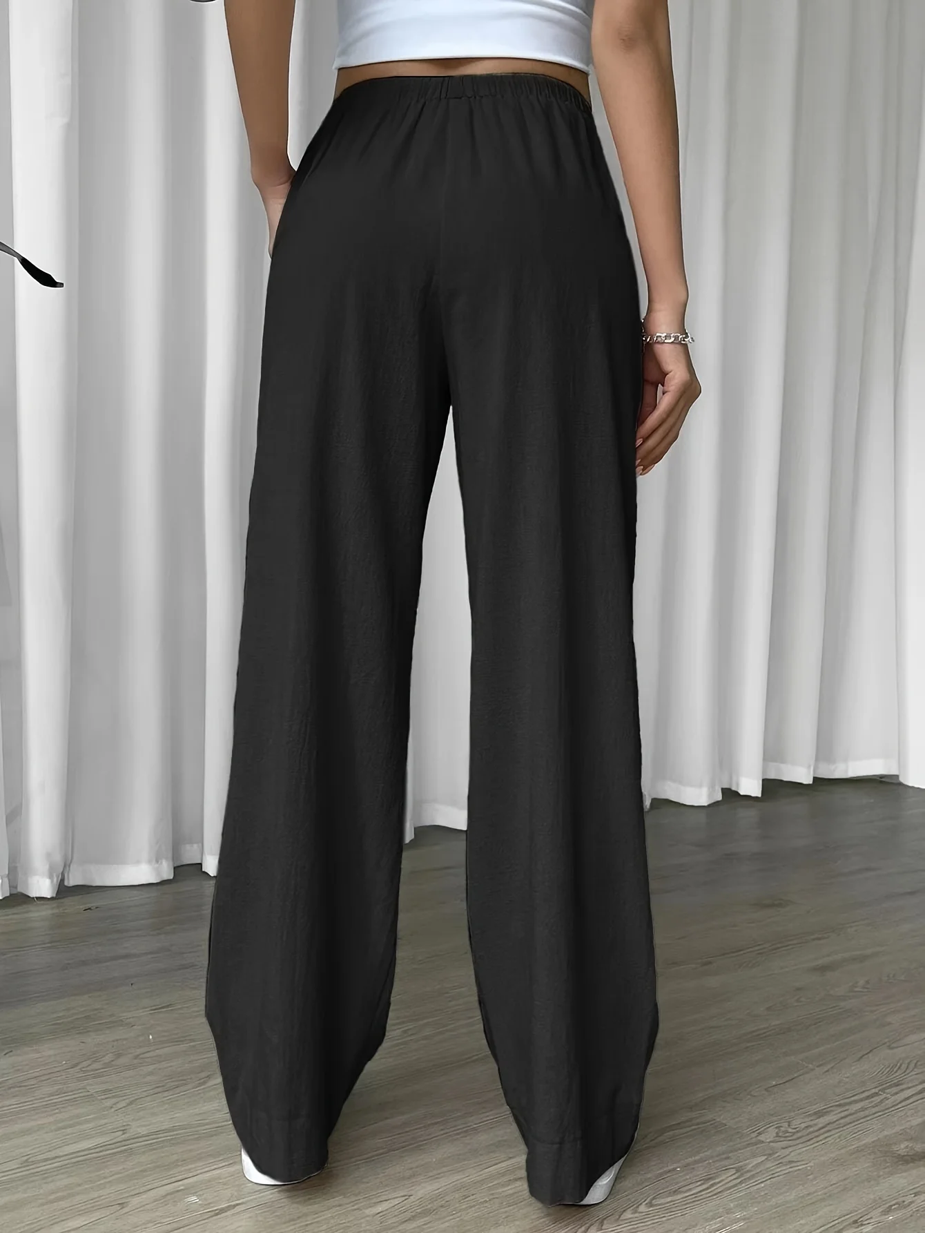 Pantalones de cintura elástica con lazo para mujer, pantalones de pierna ancha rectos, sueltos, informales, sólidos, talla grande, todas las estaciones