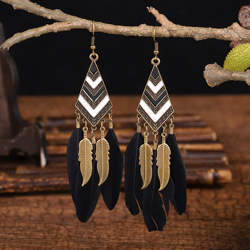 Vintage Simple Feather Leaf Tassel Earrings For Women Bohemian Enamel Geometric Retro Hanging Long Drop Dangle Earrings Brincos