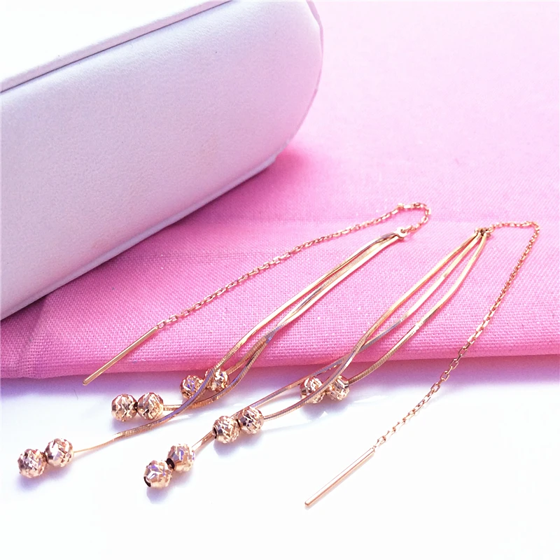

585 Purple Gold Long Tassel Round Bead Snake Bone Earline Female Plated 14K Rose Gold Shiny Fashion earrings for women Jewelry