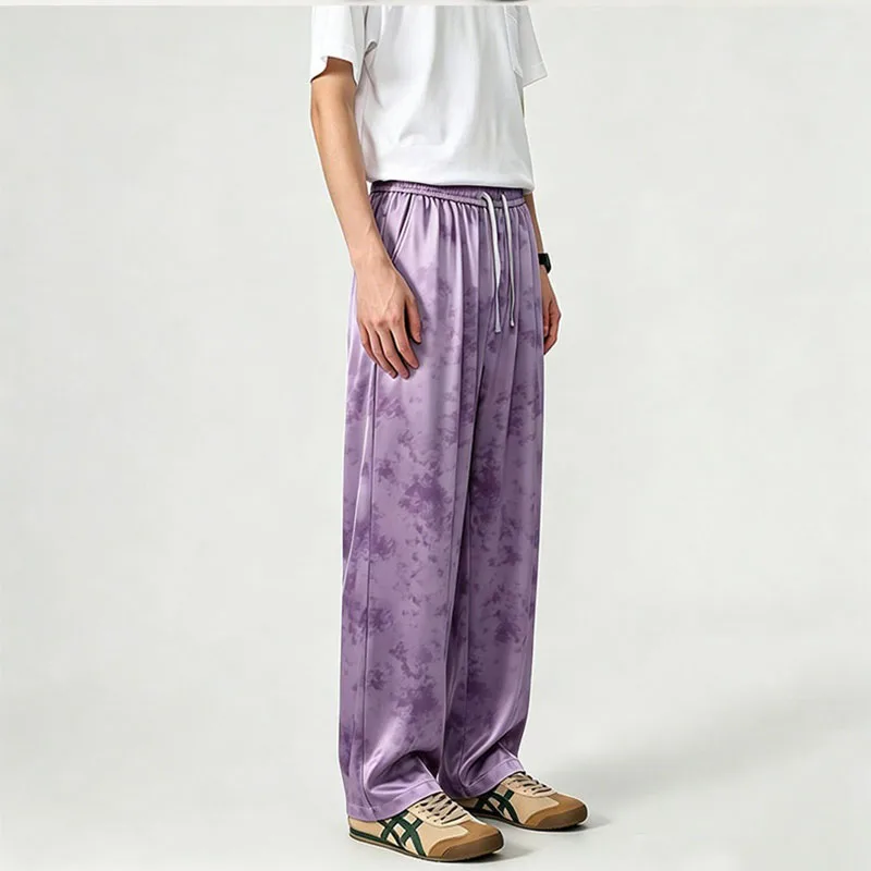 2026 Summer New Tie Dye Pants For Men American Casual Fashion Loose High Street Male 5XL Straight Leg Ice Silk Trousers