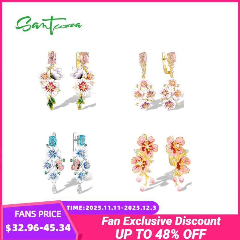 

SANTUZZA Genuine 925 Sterling Silver Drop Earrings For Women Sparkling Colorful Flower Dangling Delicate Wedding Fine Jewelry