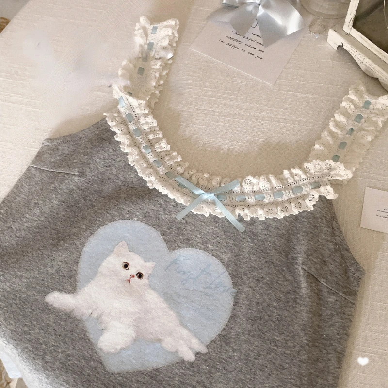 Cute Cat Print Crop Top donna Summer Lace Trim Bow Sweet Vset Japanese Lolita Style estetica Kawaii Clothes Princess canotte