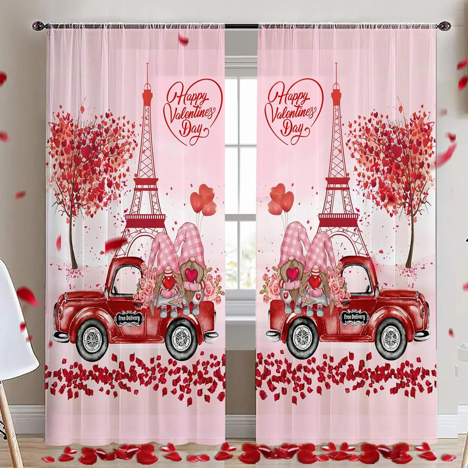 2-piece Curtain Valentine’s Day Balloons Print Head Flat Sheer Curtains for Living Room Bedroom Home Decoration Red Heart Favor