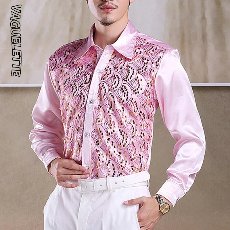 Luxury Sequins Ruffles Tuxedo Shirts For Men Red/Pink Wedding Stage Clothes Formal&Casual Shirt Men Long Sleeve S-L