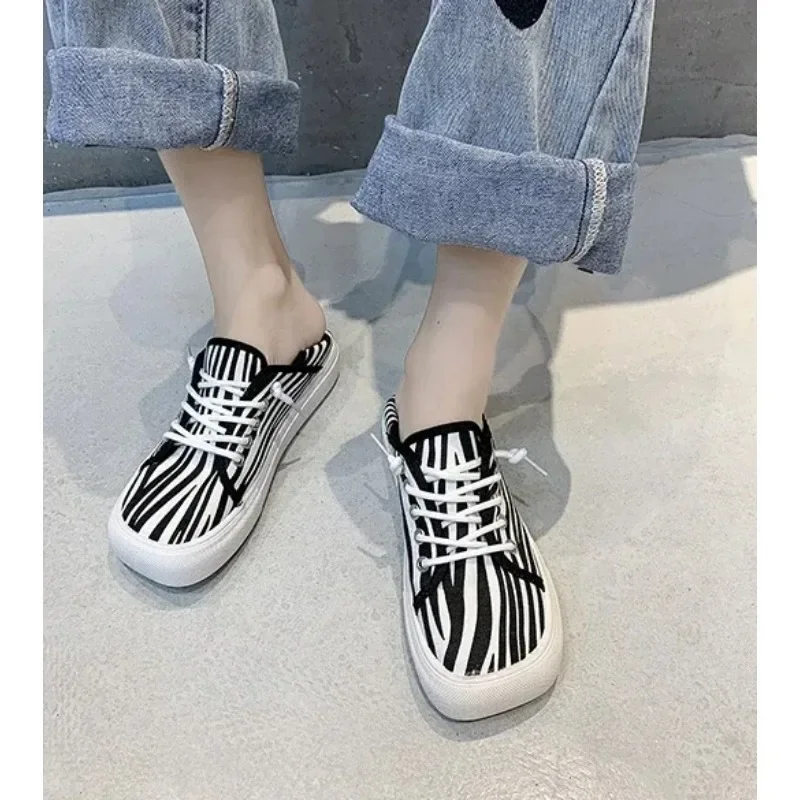 2023 Platform Canvas Shoes for Women  New Square Toe Laces Korean Sneakers Plaid Leopard Print Student Single-Layer Shoes