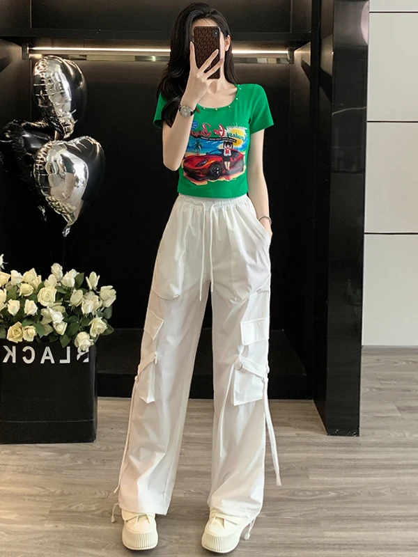 

Cool Spicy Women's Summer Sporty Casual Set Short Sleeve Green T-Shirt White Wide Leg Workwear Pants Two Piece Suite