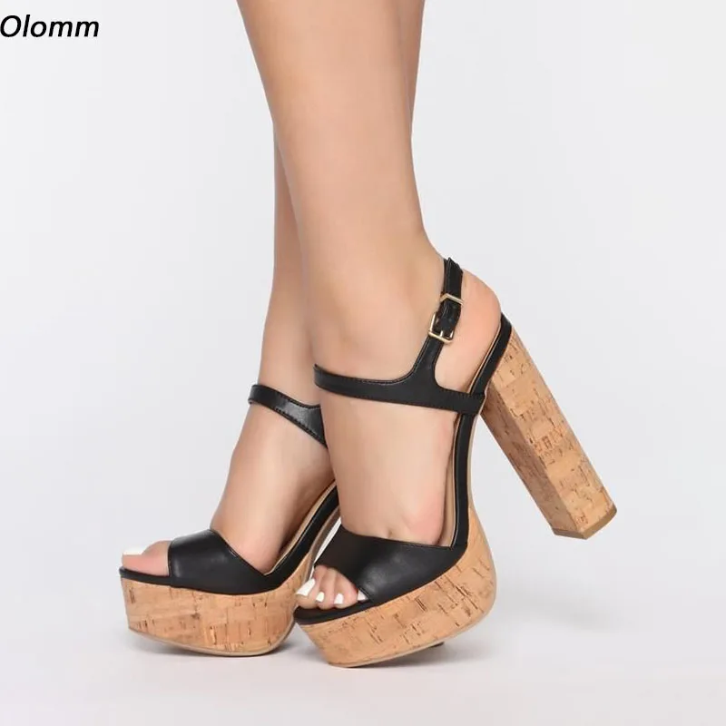 Olomm Real Photos Women Platform Sandals Ankle Strap Block High Heel Open Toe Elegant Black Party Shoes Ladies US Plus Size 5-20