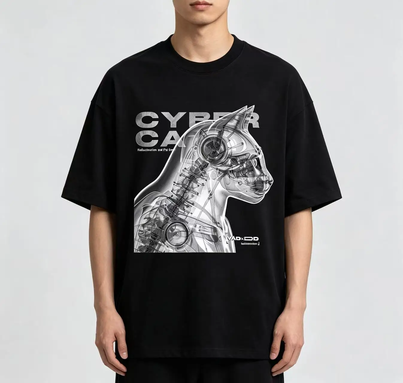 Unisex Cyber Cat Mechanical Robot X‑Ray Graphic T‑Shirt Men Women Cyberpunk Streetwear Oversized Cotton Short Sleeve Tee
