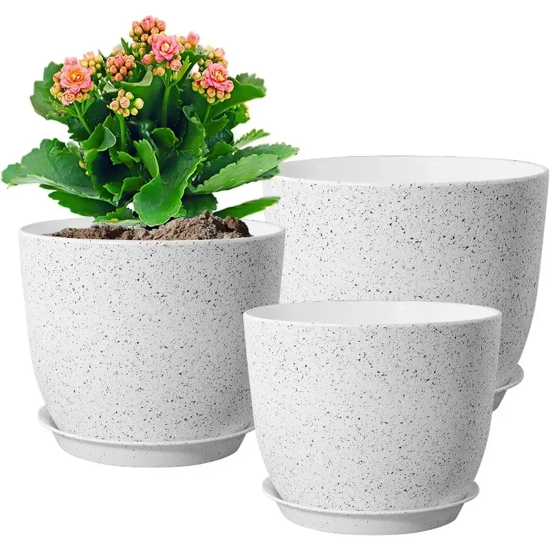

Large Flower Pots 12/10/9 inch, Set of 3 Modern Decorative Plastic Planters with Drainage Holes and Saucers