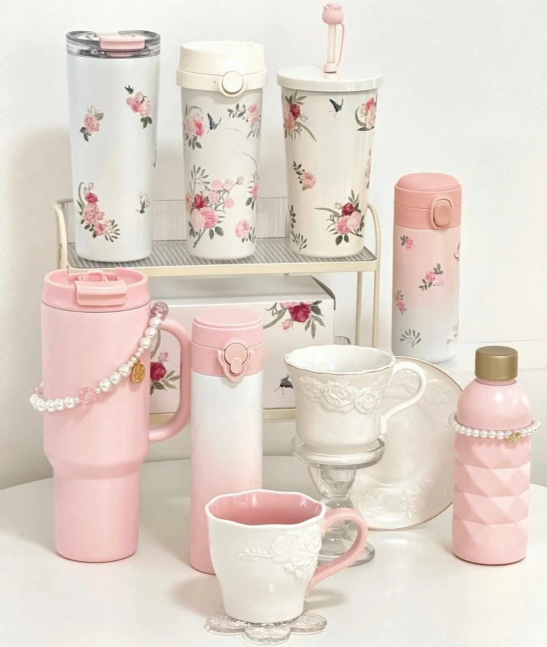 

Термокружка BK Rose Floral из нержавеющей стали с двойной крышкой, портативная автомобильная бутылка для воды с жемчужным декором