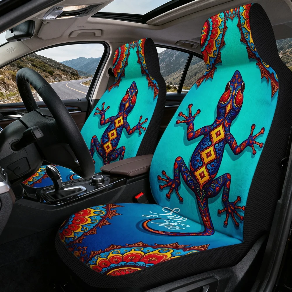 2D Flat Printing, 2pcs Car Seat Cover For Decoration, Stylish Car Seat Covers, Colorful Lizard Art Style, Easy Installation, Mac