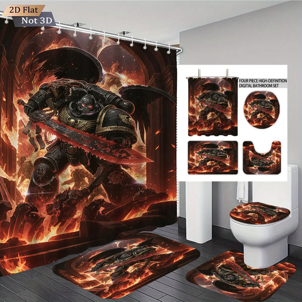 

4pcs Mechanical Armor Warhammer Printed Bathroom Set 180x180 Waterproof Shower Curtain Floor Mat U-Shaped Mat Toilet Mat