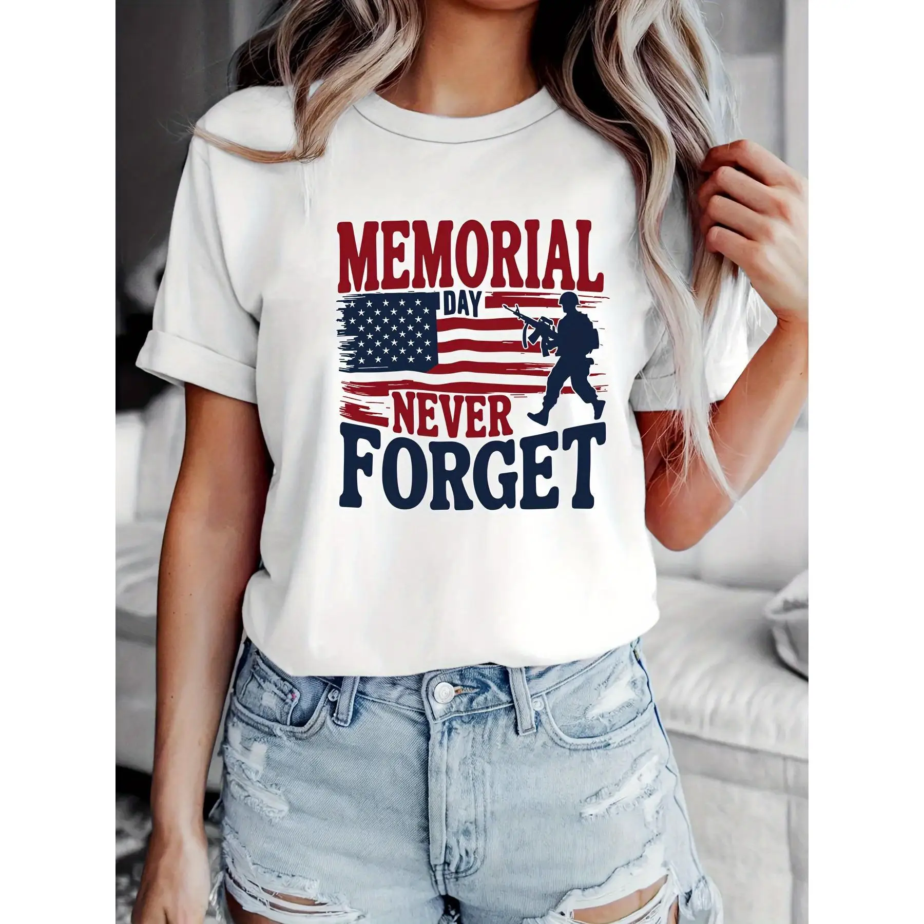 

Women'S Patriotic Memorial Day T-Shirt- "Never Forget" Retired Military Salute to American Flag Design, Crew Neck Short Sleeve,