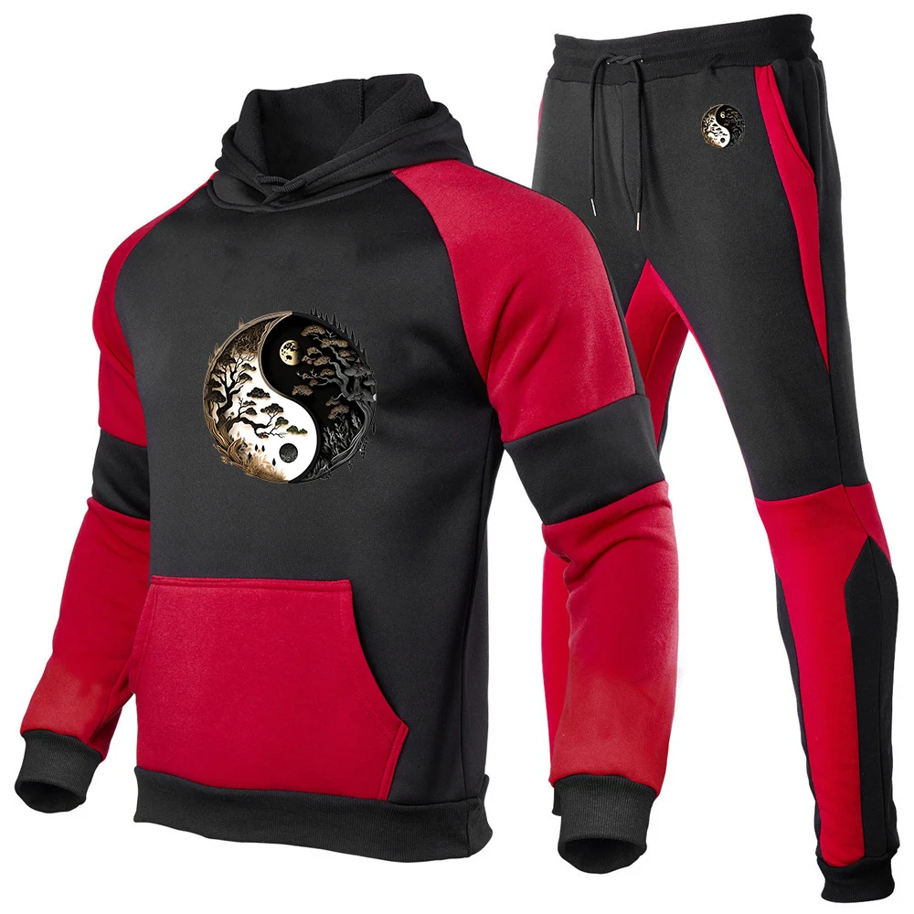 2025 Tai Chi and Eight Trigrams Scenery Spring And Autumn New Men's Casual Patchwork Hoodie + Trouser Harajuku Fashion Suit