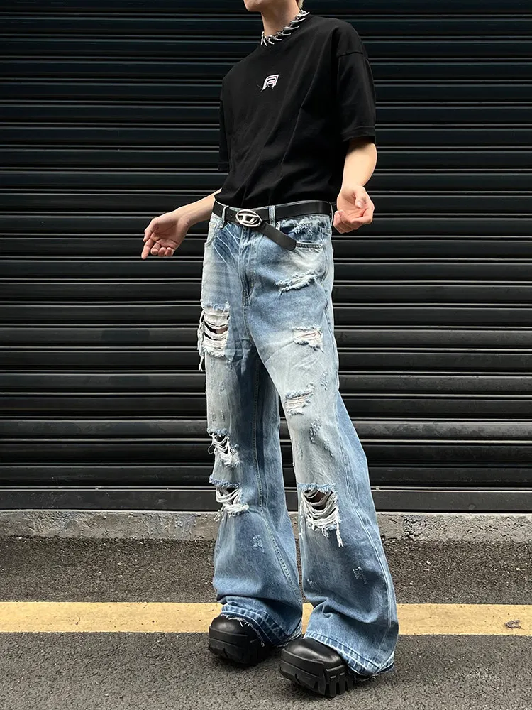 Retro American Washed Distressed Micro Flared Jeans Men's Casual Loose Couple Hip Hop Loose Long Pants Summer Wear