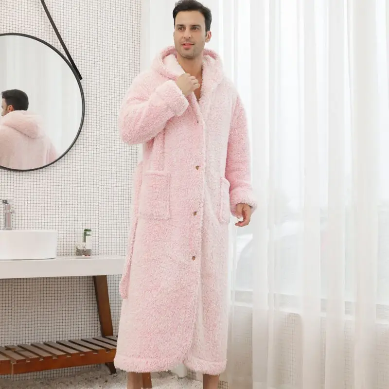 Winter Luxury Double Layer Flannel Men Robe Hooded Nightgown Thick Coral Fleece Belt Botton Super Long Loungewear Loose Bathrobe