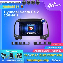 Android 16 Carplay Auto 2K Screen Car Radio Multimedia Player For Hyundai Santa Fe 2 2006-2012 Autoradio Stereo 2din Head Unit