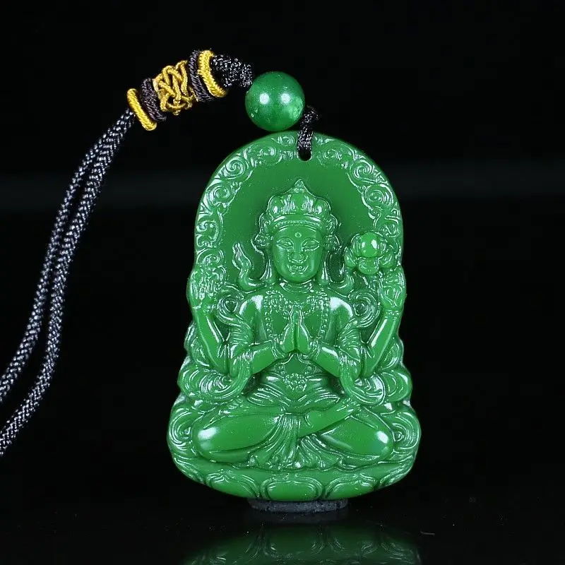 

100% Hotan Jadeite Green and Blue Multicolor Thousand-Handed Guanyin Pendant Fashionable Necklace for Men and Women