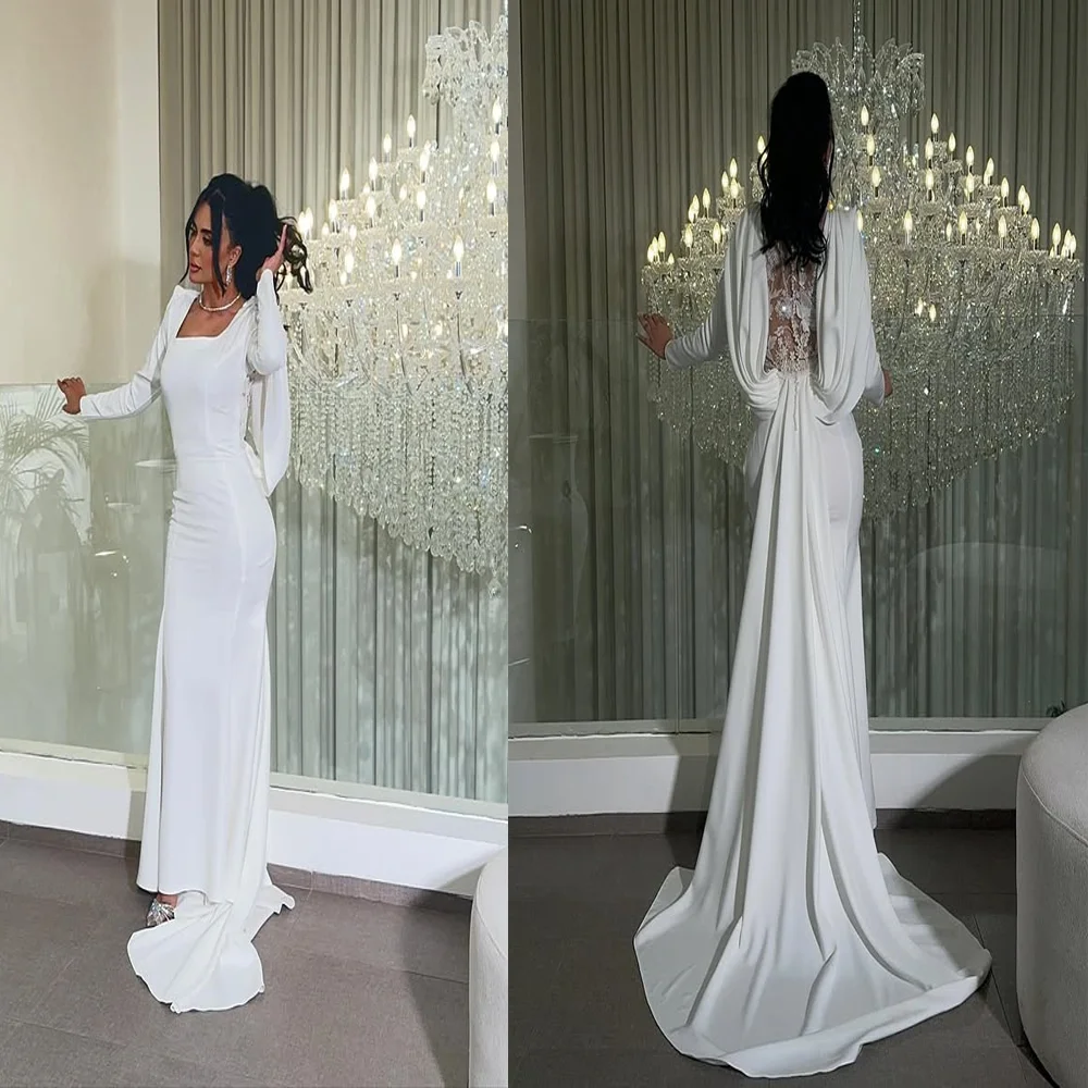 

Modest Square Collar Satin Long Sleeve Formal Evening Dress Sheath Illusion Back Long Saudi Gown with Court Custom Made