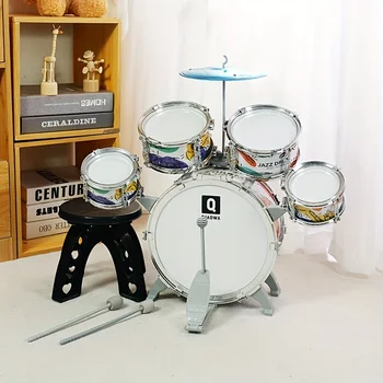 Kids Drum Set Toddler Jazz Drum Kit Toys with Stool Pedal Percussion Musical Instruments Drum Toy Early Education Gift for Boys