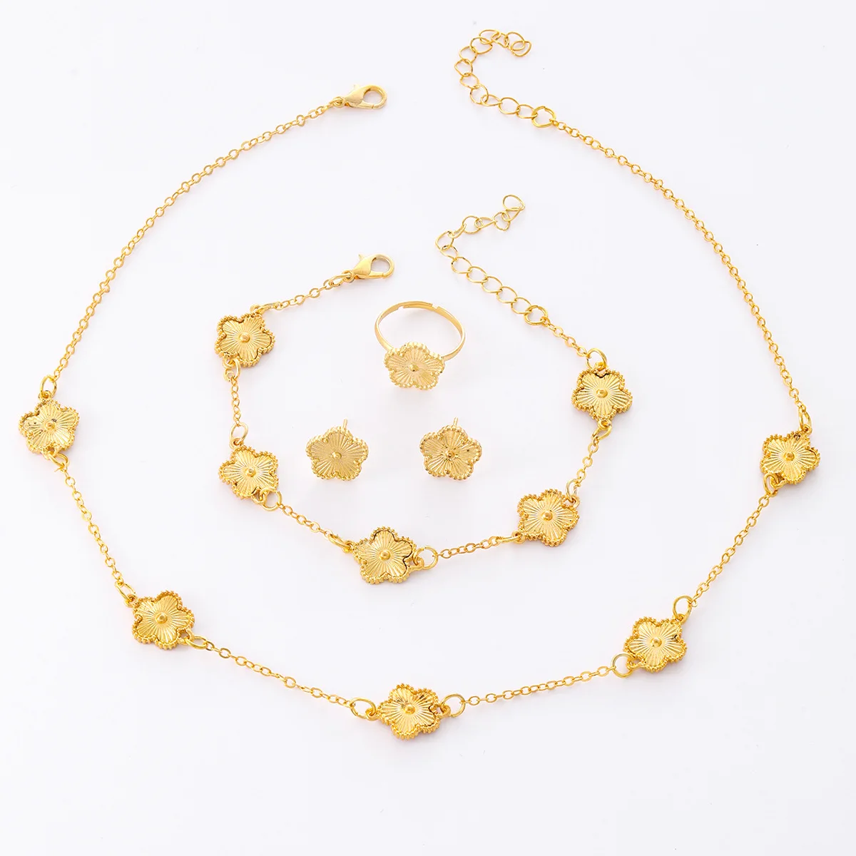 Trendy Luxury Five Leaf Flower Bracelets Necklace for Women Gold Color Flower Chain Bracelet Earrings Set Wedding Party Jewelry