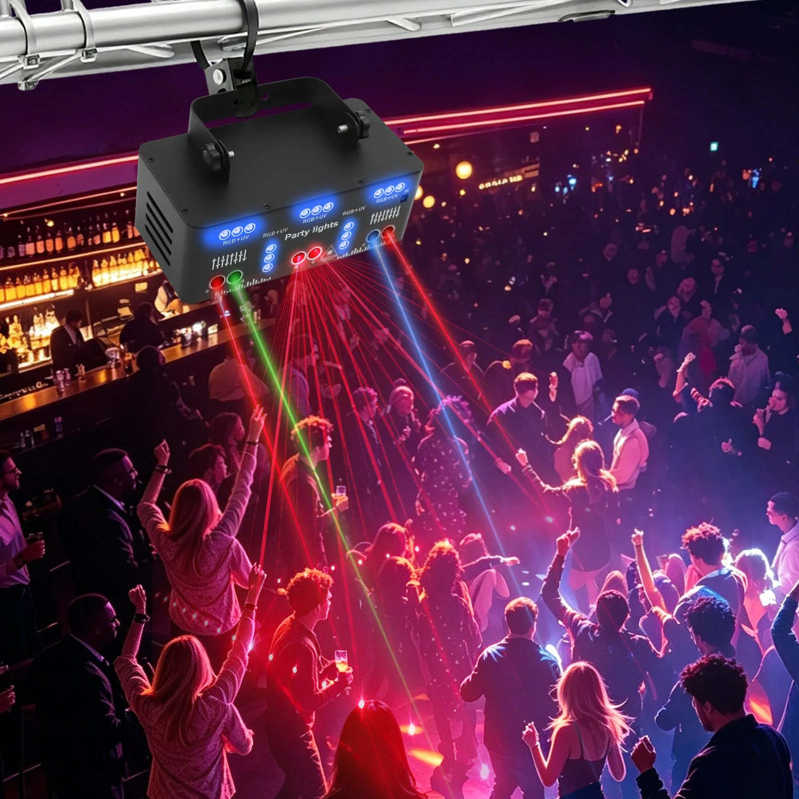 21-Augen DJ Party-Licht 10W LED+Laser+UV 64 Muster RGB 4 Steuermodi Sound Strobe Auto DMX IP42 Eisengehäuse Fernbedienung Speicherfunktion Lüfter 110-240V Decken-/Bodenmontage für Bar KTV Bühne