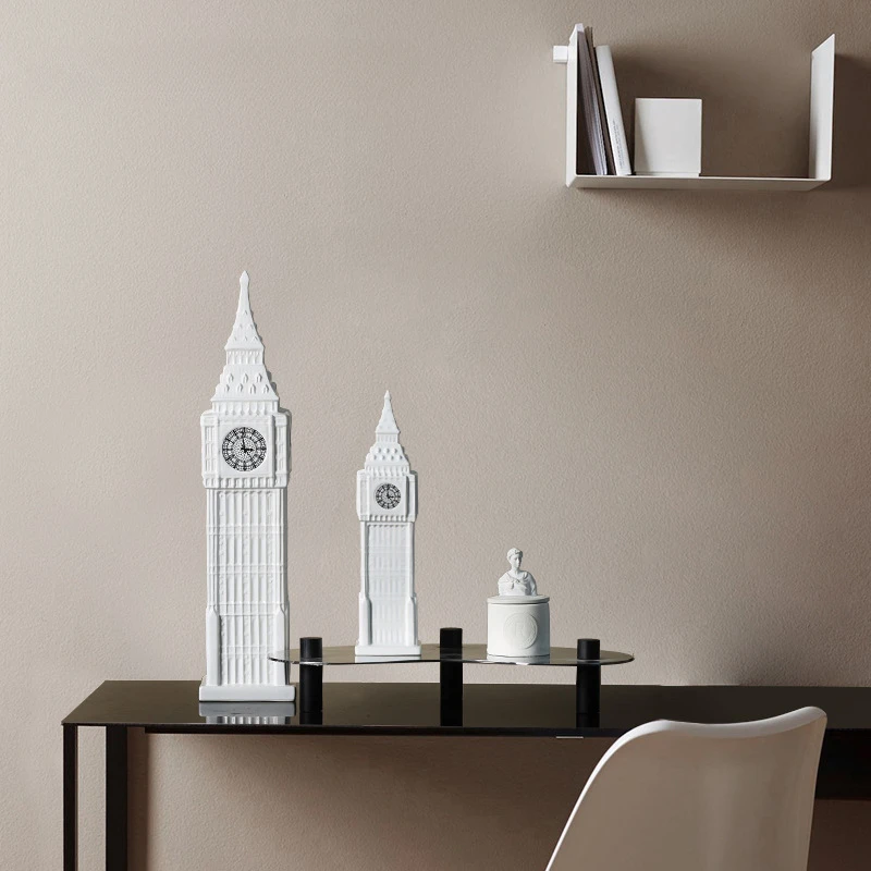 

European Style White Big Ben Clock Ceramic Handicraft Ornaments Home and Office Desktop Decorations