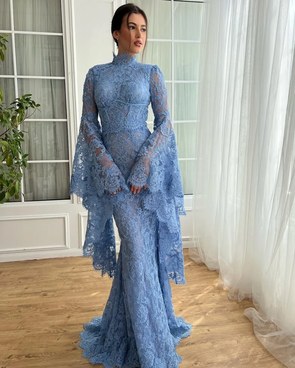

Customized High Quality Intricate Lace Ruched Mermaid High Collar Long Dresses Bespoke Occasion Dresses Sizes Available Classic