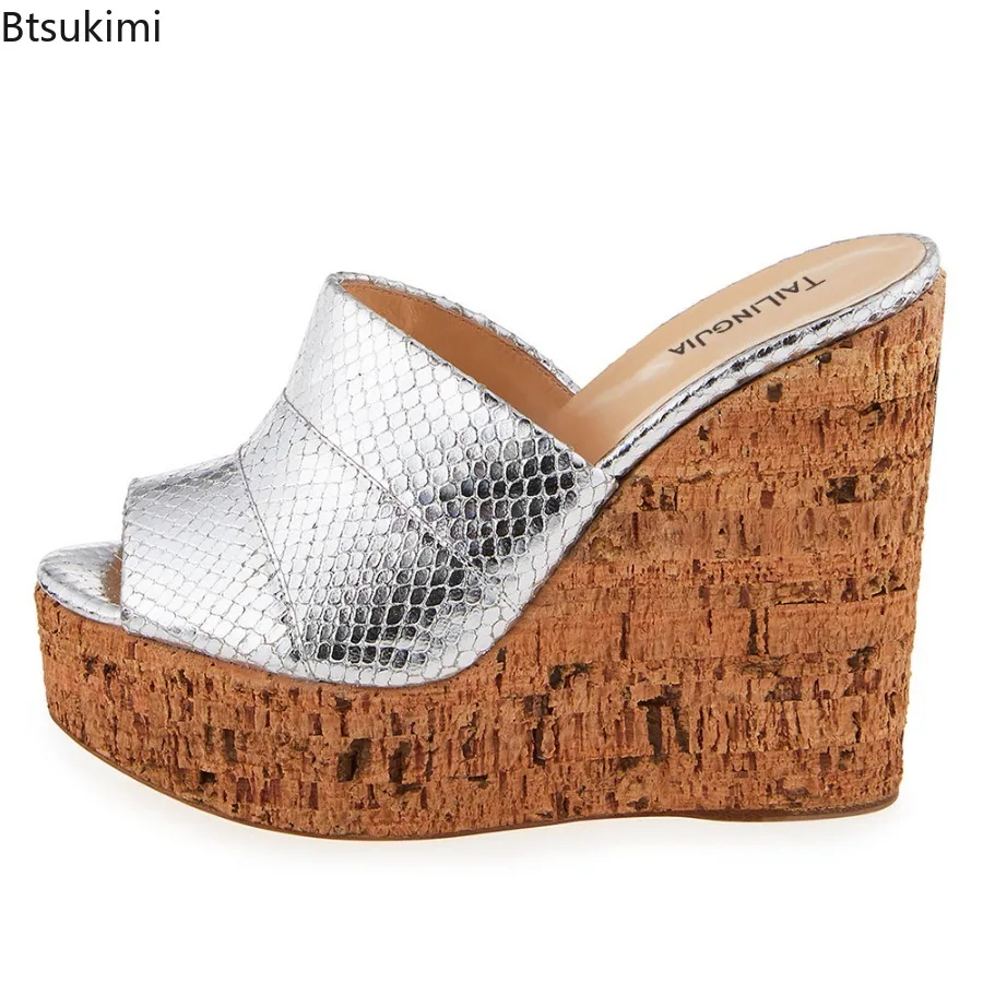 2025 Women's Silvery Cork Wedge Sandals Summer High Heels Platform Slipper Comfort Casual Mules Patent Leather Slippers Females