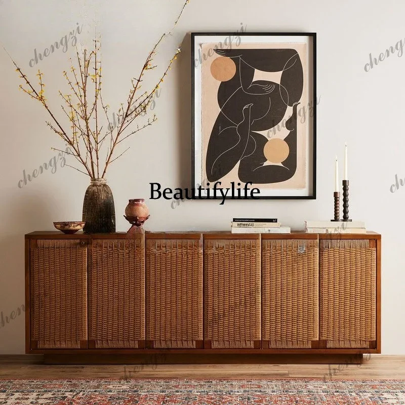 C178French retro solid wood rope woven dining side cabinet, antique living room decoration storage cabinet, ash wood TV cabinet view 2