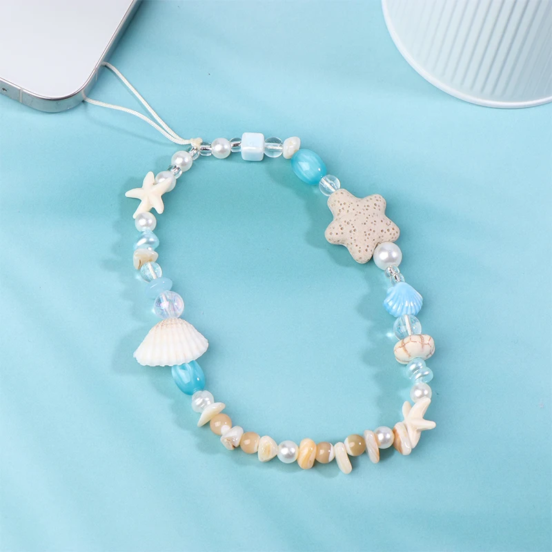 

Cute Charm Starfish Shells Phone Chains For Women Girl Telephone Jewelry Strap Beaded Lanyard Hanging Cord Accessories