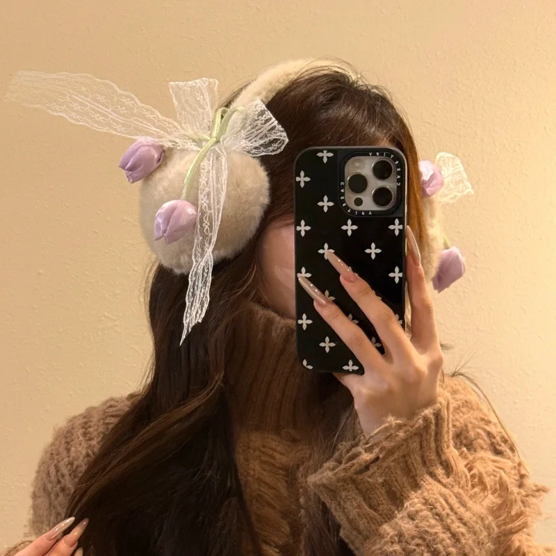 Женские наушники с милым бантом и тюльпаном