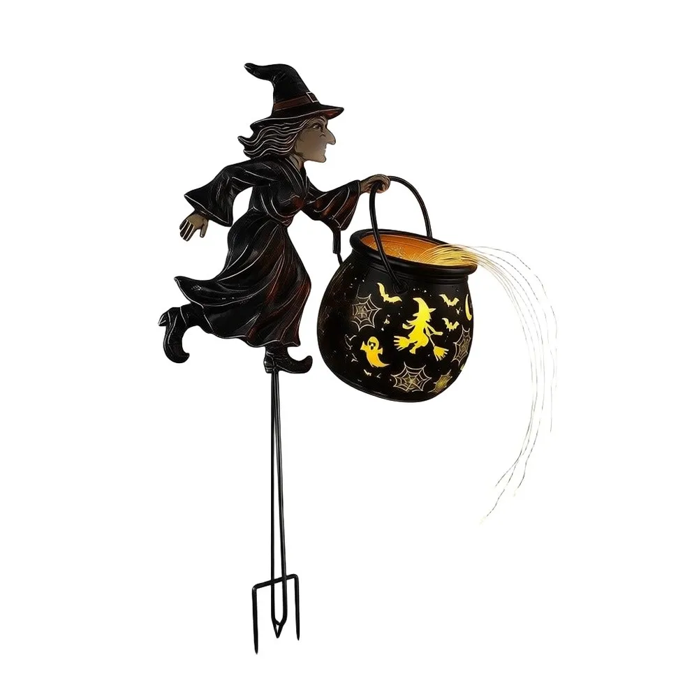 Halloween Witch Cauldron Garden Light with Flying Witch Figure and Cascading LED Light Effect for Outdoor Yard Decor