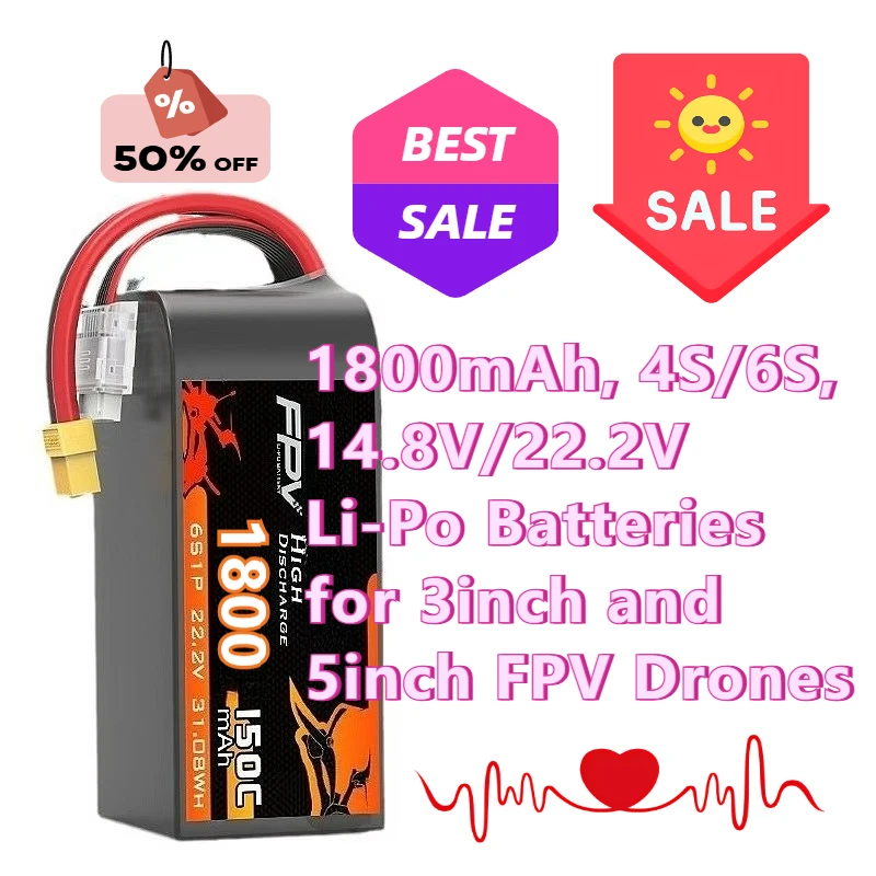 

1800mAh, 4S/6S, 14.8V/22.2V Li-Po Batteries for 3inch and 5inch FPV Drones